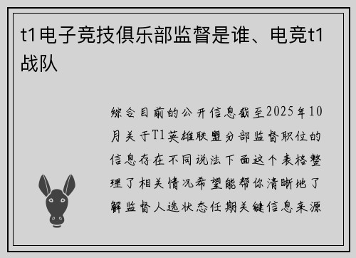 t1电子竞技俱乐部监督是谁、电竞t1战队